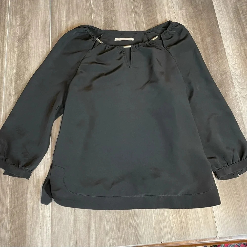 Sfera Black Long Sleeve Top with metal neckline detail •  EU Large